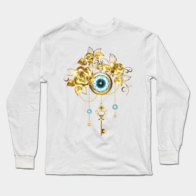 Steampunk Clock with Gold Roses Long Sleeve T-Shirt by Blackmoon9